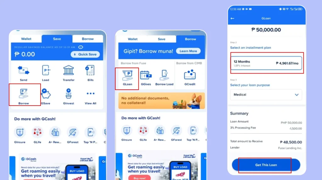 GCash loan application interface screenshots